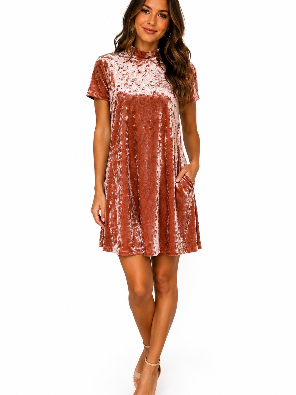 Madewell Crushed Velvet Short Sleeve Midi Dress - Rose Copper